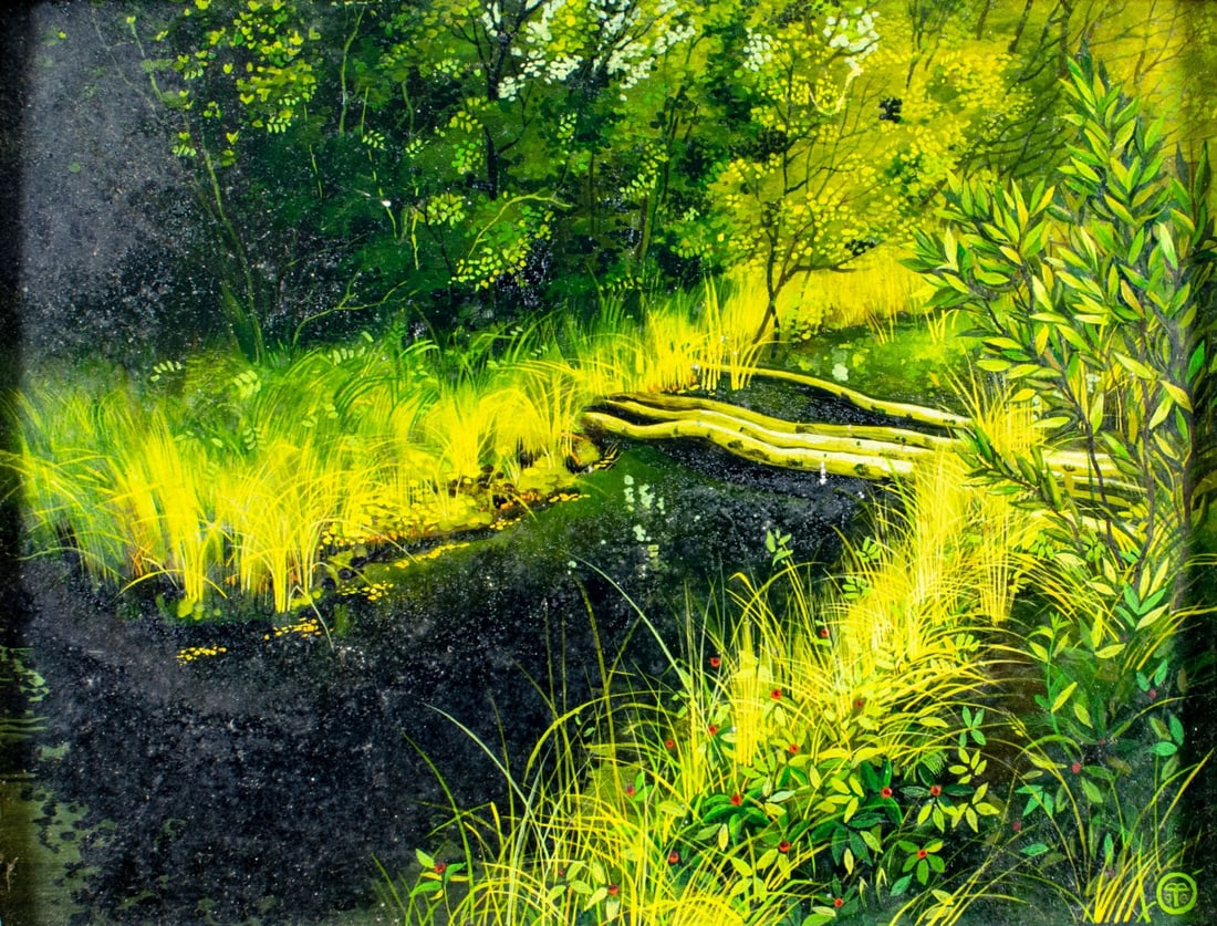 Vasiliy Vasilyevich Timofeev (Russia,b 1946) oil painting: ARTIST: Vasiliy Vasilyevich Timofeev (Russian, born 1946) TITLE: Little Bridge (titled on verso) YEAR: 1992 MEDIUM: oil on board CONDITION: Few minor pai