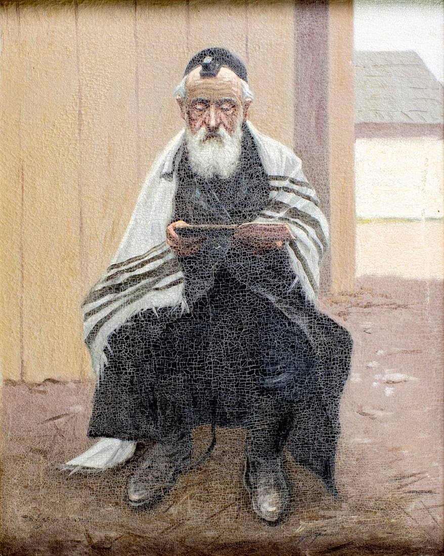 Konstantin Szewczenko (Ukraine,Poland,1915-1991) oil painting: ARTIST: Konstanty Shevchenko (Ukrainian, Polish, 1915 - 1991) TITLE: Rabbi Reading MEDIUM: oil on canvas CONDITION: Some scratches/paint losses by the right edge. Some craqu