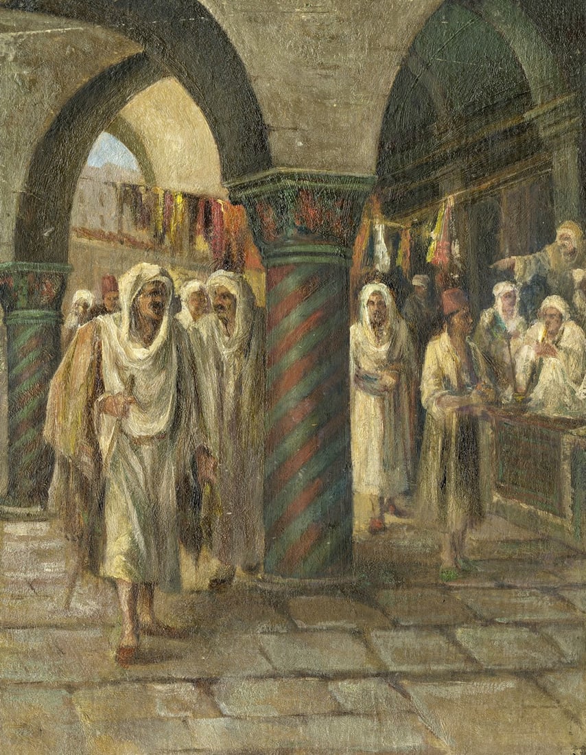 Antique early 20C European oil painting: ARTIST: - (Europe, early 20 century) TITLE: Oriental Market Scene MEDIUM: oil on board CONDITION: Minor damages to corners. Minor paint losses. Very minor craquelure. No vis