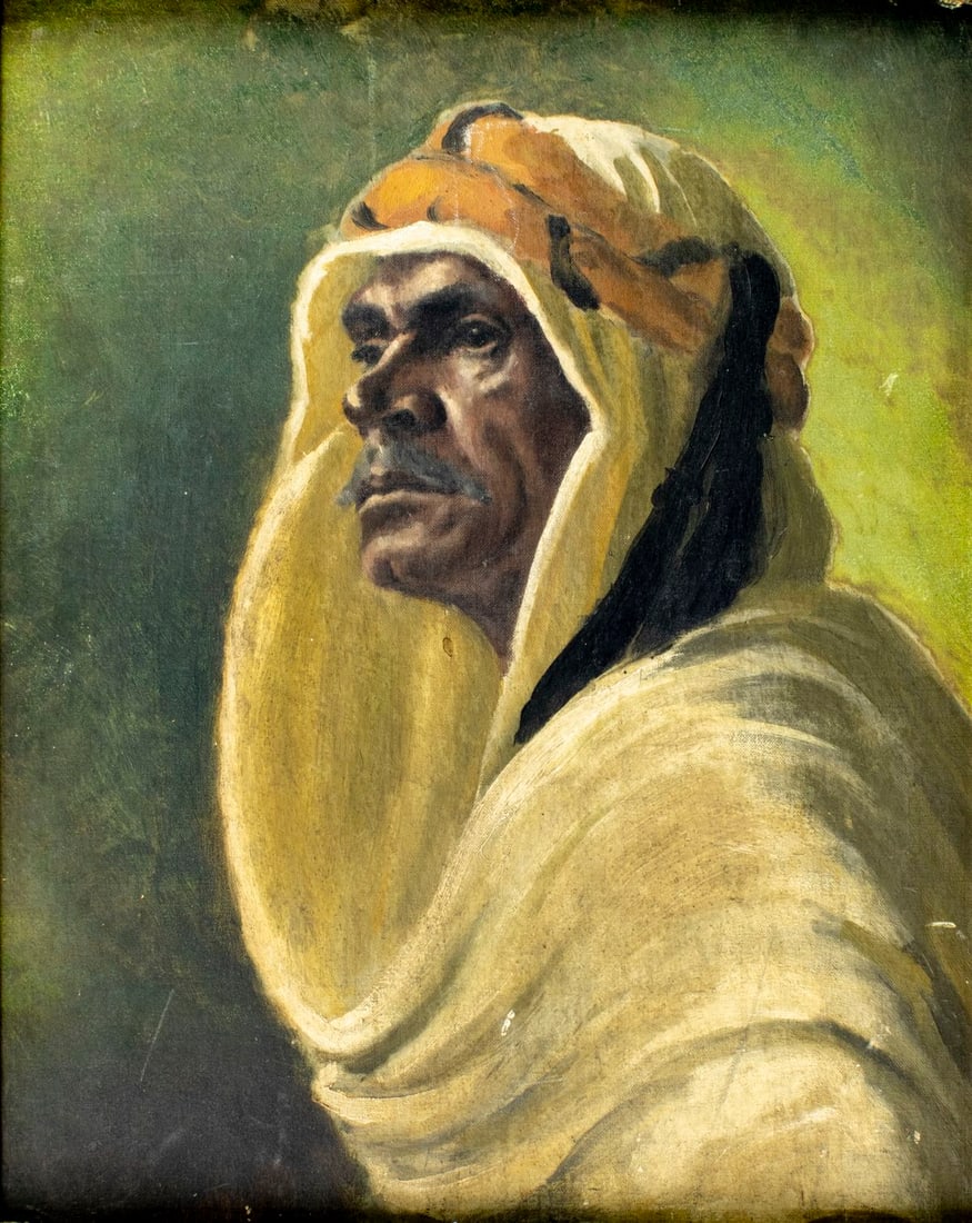 Antique early 20C American oil painting: ARTIST: - (American, early 20 century) TITLE: Portrait of Arab Man MEDIUM: oil on canvas board CONDITION: Some scratches/paint losses. Some craquelure. No visible inpaint un
