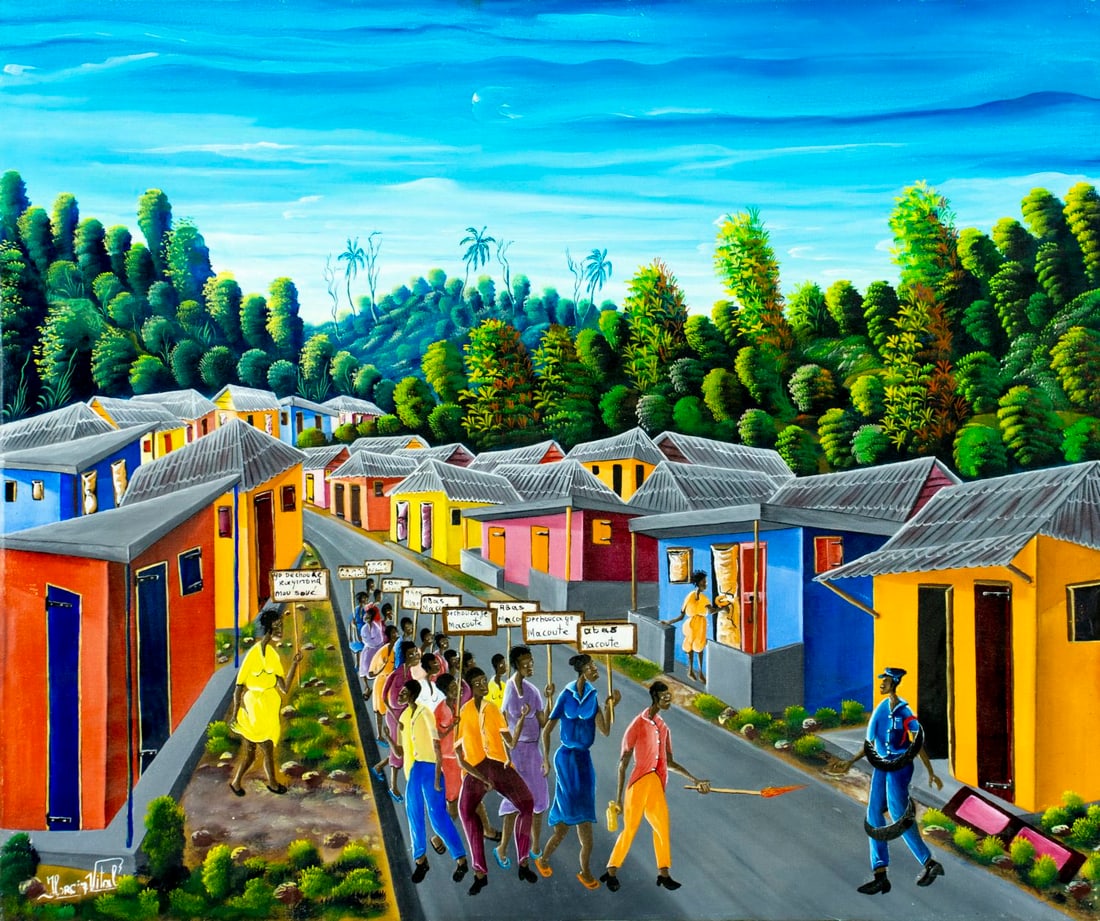 Lorcin Vital (Haiti,20C) oil painting: ARTIST: Lorcin Vital (Haitian, 20 century) TITLE: Haitian Village Landscape MEDIUM: oil on canvas CONDITION: Few minor scratches/paint losses mostly along edges. No visible