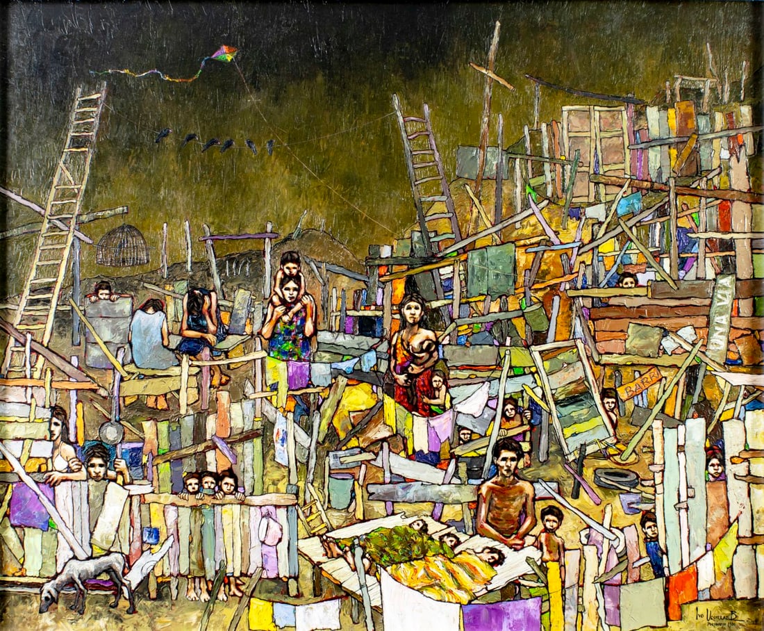 Ivo Uquillas (Ecuador,20/21C) acrylic painting: ARTIST: Ivo Uquillas (Ecuadorian, 20/21 centuries) TITLE: Street Scene YEAR: 1988 MEDIUM: acrylic on canvas CONDITION: Missing a few flakes of paint. No