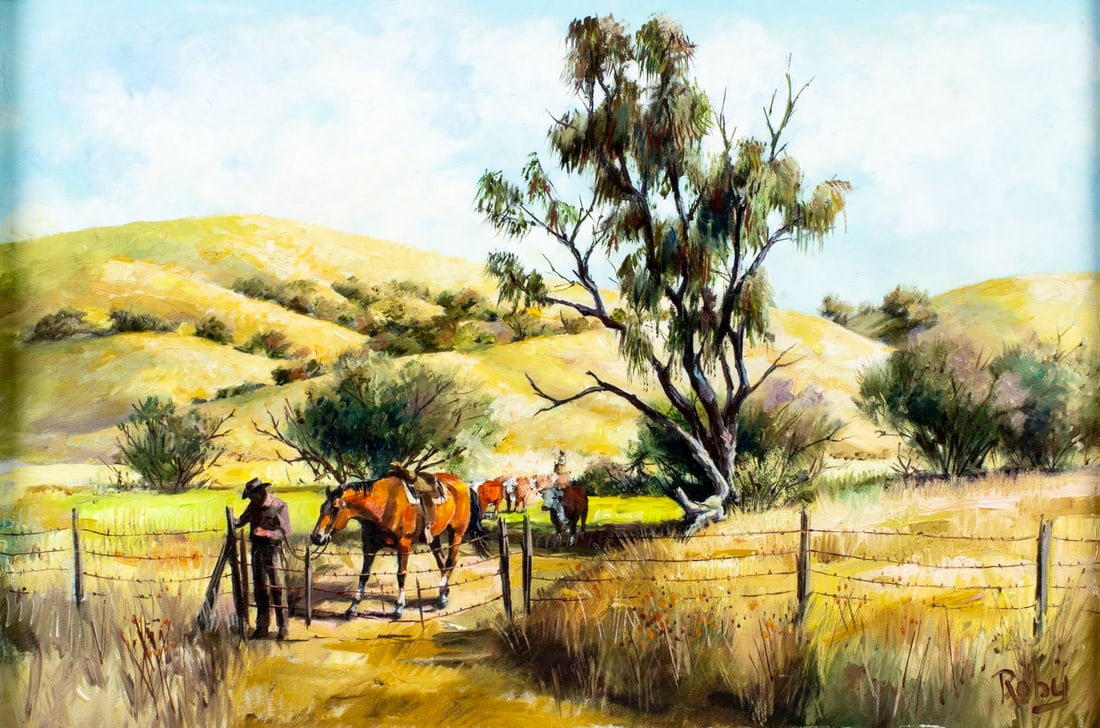 Roby (US,20C) oil painting: ARTIST: Roby (American, 20 century) TITLE: East of King City MEDIUM: oil on canvas CONDITION: Few minor paint losses. Minor craquelure. No visible inpaint under UV light. We