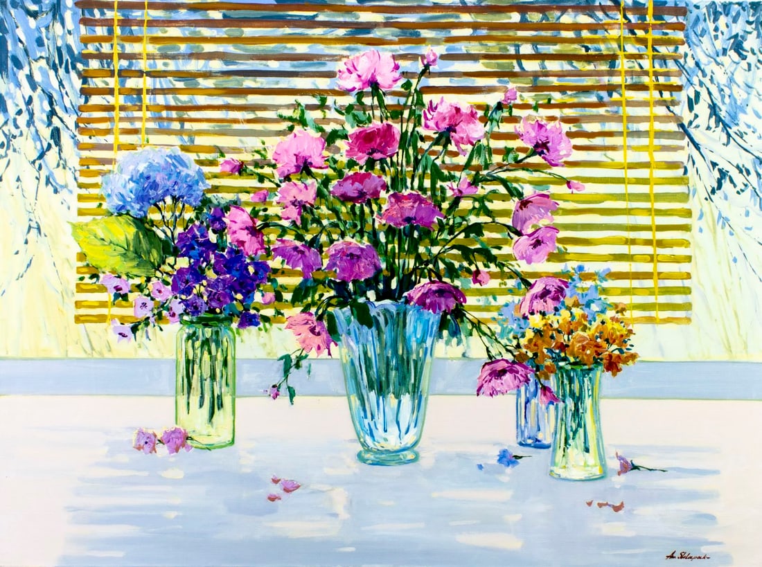 Anatoly Shlapak (Russia,1929-2014) oil painting: ARTIST: Anatoly Shlapak (Russian, 1929 - 2014) TITLE: Still Life with Vases of Flowers MEDIUM: oil on canvas CONDITION: Unstretched (In-House stretching available) (In-Hou
