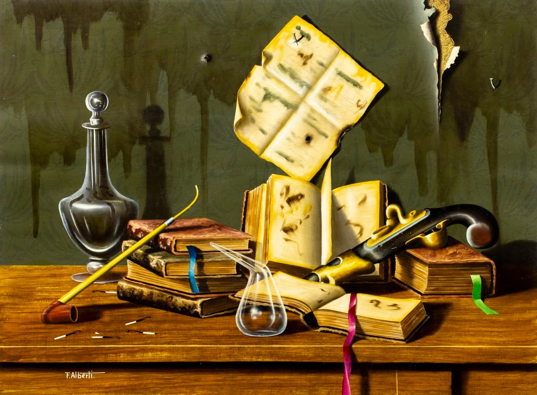 Francesco Alberti (Italy,1941-1996) oil painting: ARTIST: Francesco Alberti (Italian, 1941 - 1996) TITLE: Still Life with Books, Pipe and Gun MEDIUM: oil on canvas CONDITION: Unstretched (In-House stretching available) (I