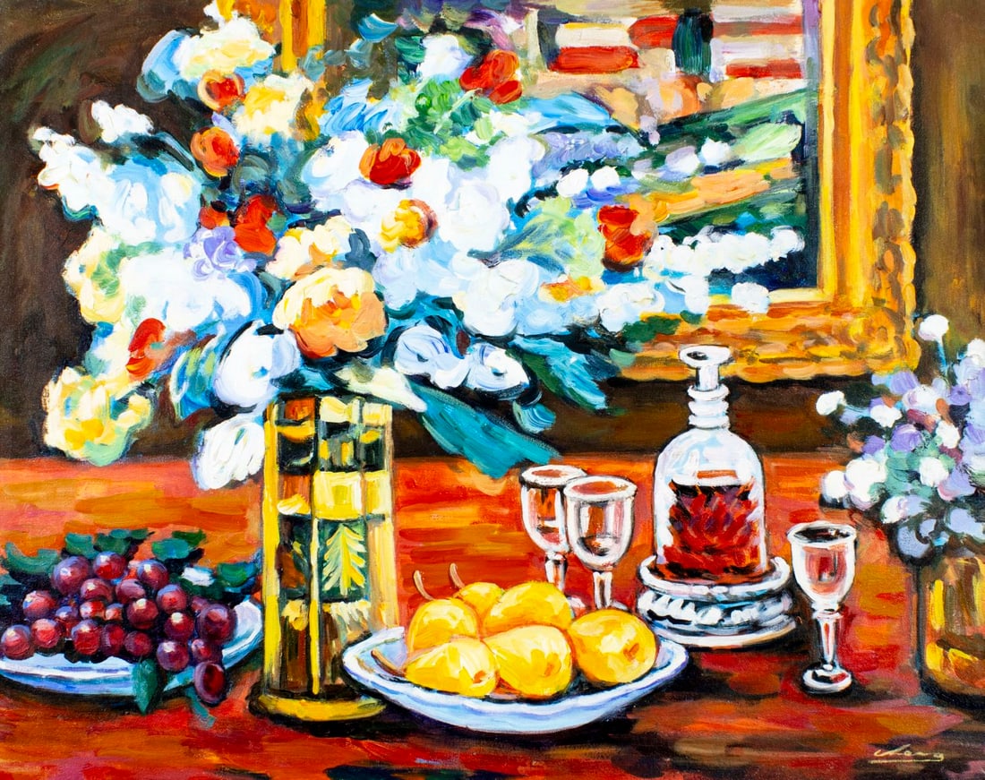 Cheng (20C) oil painting: ARTIST: Cheng (20 century) TITLE: Still Life with Vase of Flowers and Fruit MEDIUM: oil on canvas CONDITION: Unstretched (In-House stretching available) (In-House stretching