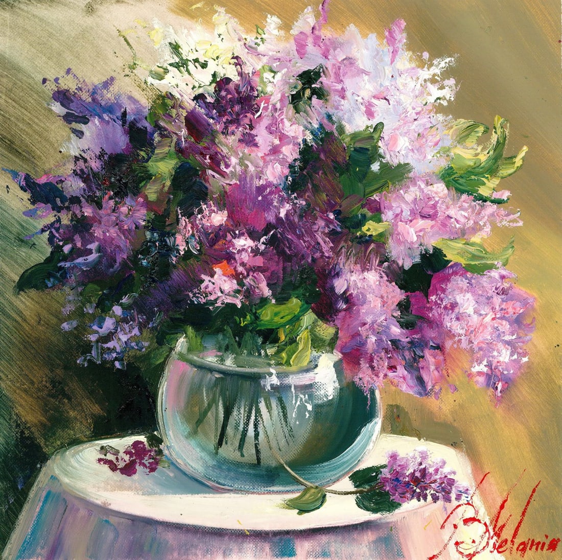 Melania Balanyuk (Ukraine,20/21C) oil painting: ARTIST: Melania Balanyuk (Ukraine, 20/21 centuries) TITLE: Still Life with Vase of Flowers MEDIUM: oil on heavy paper CONDITION: Very good. No visible inpaint under UV light
