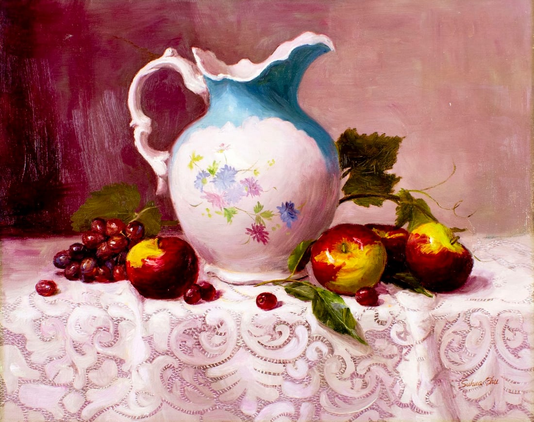 Suhua Zhu (US,China,20C) oil painting: ARTIST: Suhua Zhu (American, Chinese, 20 century) TITLE: Still Life with Jug, Apples and Grapes MEDIUM: oil on canvas CONDITION: Unstretched (In-House stretching available)