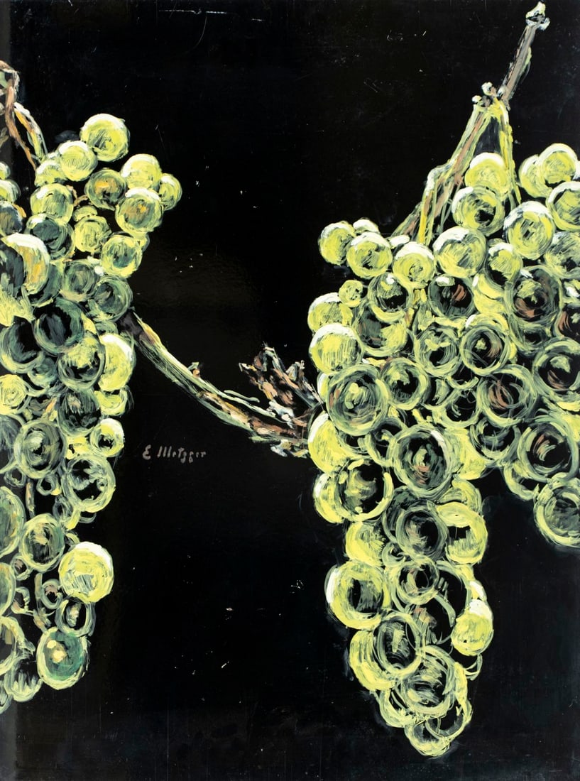 Evelyn Metzger (NY,Brazil,1911-2007) oil painting: ARTIST: Evelyn Borchard Metzger (New York, Brazilian, 1911 - 2007) TITLE: Still Life with Grapes MEDIUM: oil on board CONDITION: Some scratches/paint losses. No visible in