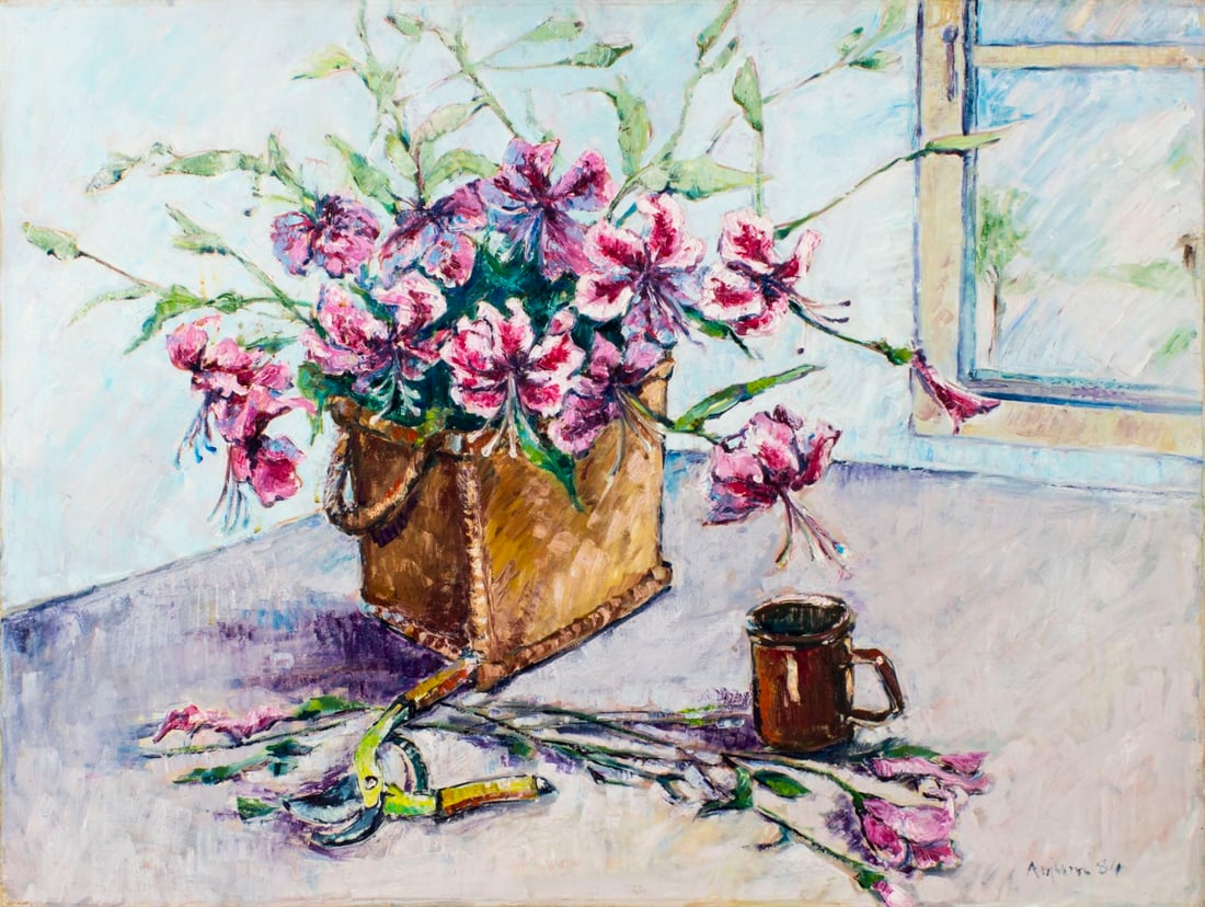 Anjum (Europe,20C) oil painting: ARTIST: Anjum (European, 20 century) YEAR: 1984 NAME: Still Life with Basket of Flowers MEDIUM: oil on canvas CONDITION: Very good. No visible inpaint under UV light.