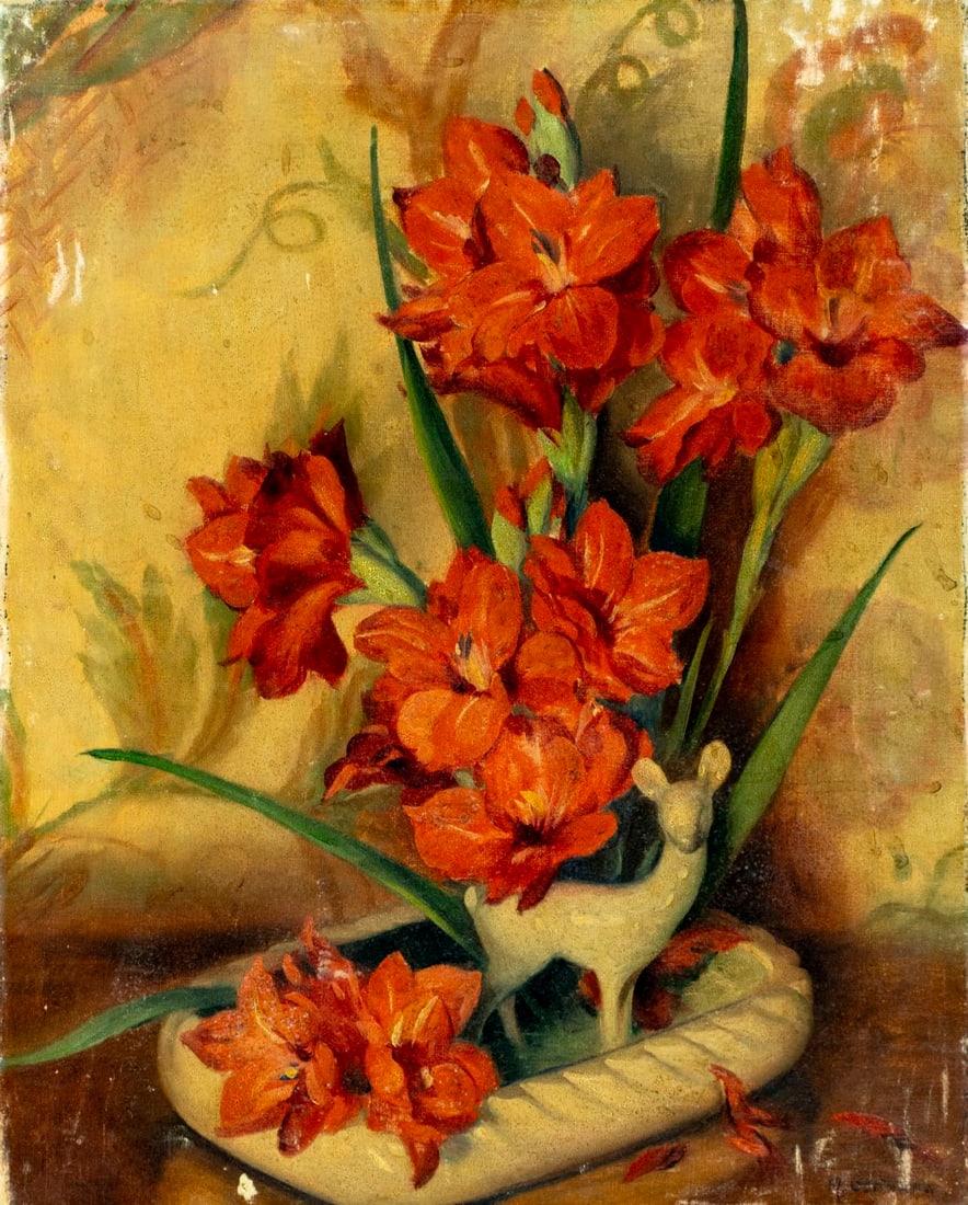 Muriel Gernand (PA,NY,Europe,1902-1955) oil painting: ARTIST: Muriel Pettit Gernand (Pennsylvania, New York, European, 1902 - 1955) TITLE: Still Life with Gladioli MEDIUM: oil on canvas CONDITION: Minor damages to corners of