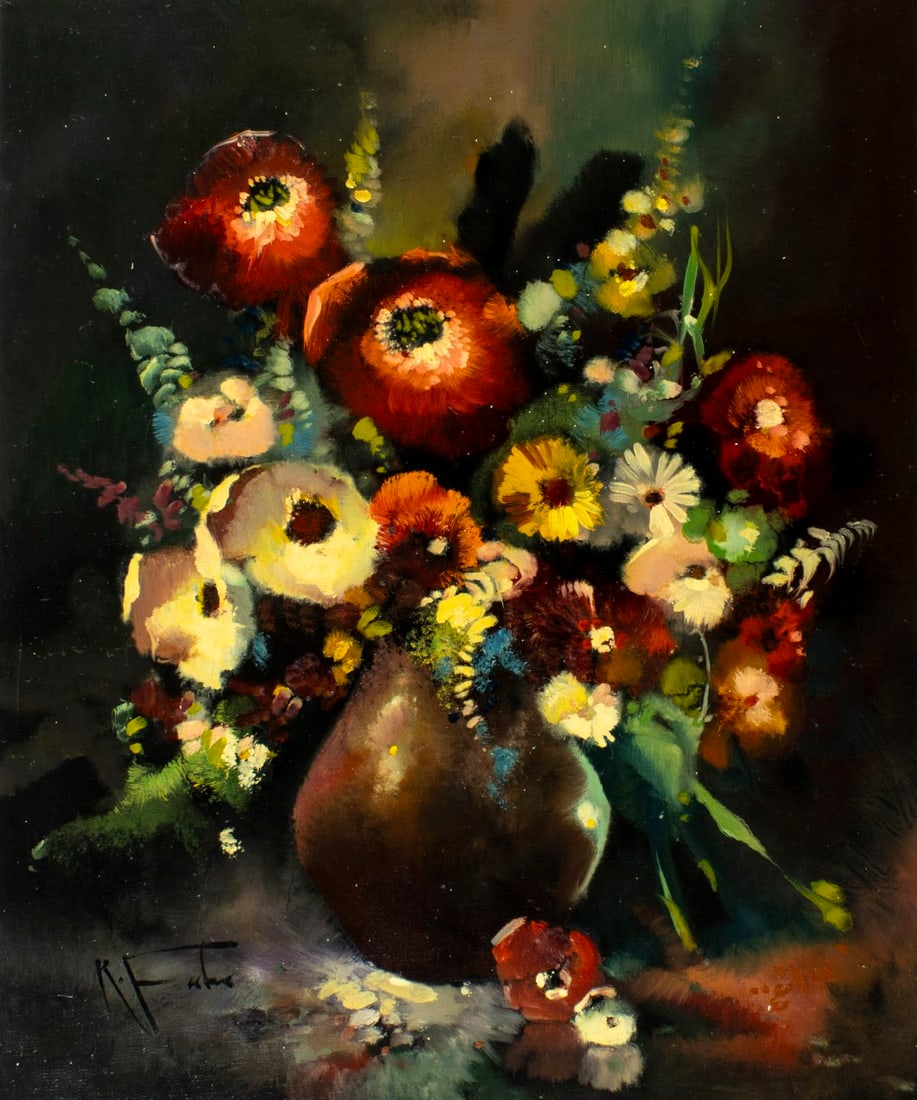 R Faber (Europe,20C) oil painting: ARTIST: R Faber (European, 20 century) TITLE: Still Life with Vase of Flowers MEDIUM: oil on canvas CONDITION: Unstretched (In-House stretching available) (In-House stretchi