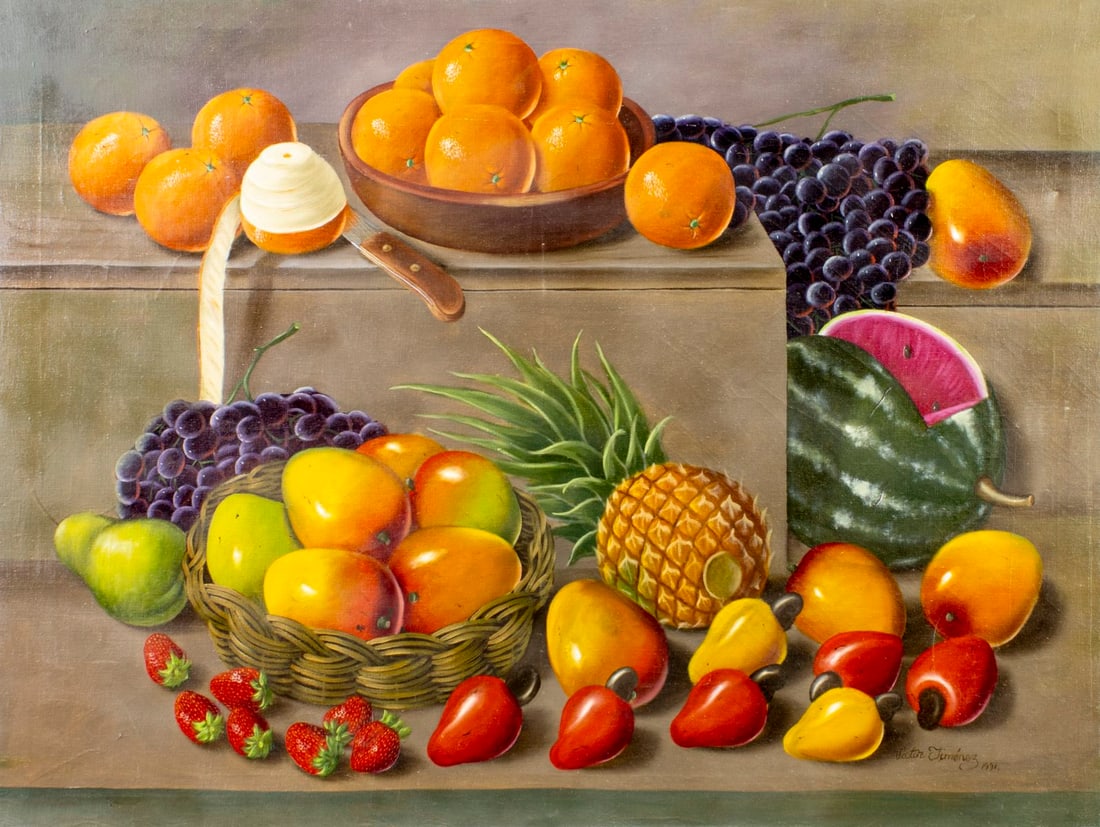 Victor Jimenez (South America,20C) oil painting: ARTIST: Victor Jimenez (South American, 20 century) TITLE: Still Life with Fruit YEAR: 1991 MEDIUM: oil on canvas CONDITION: Minor scratches/paint losses