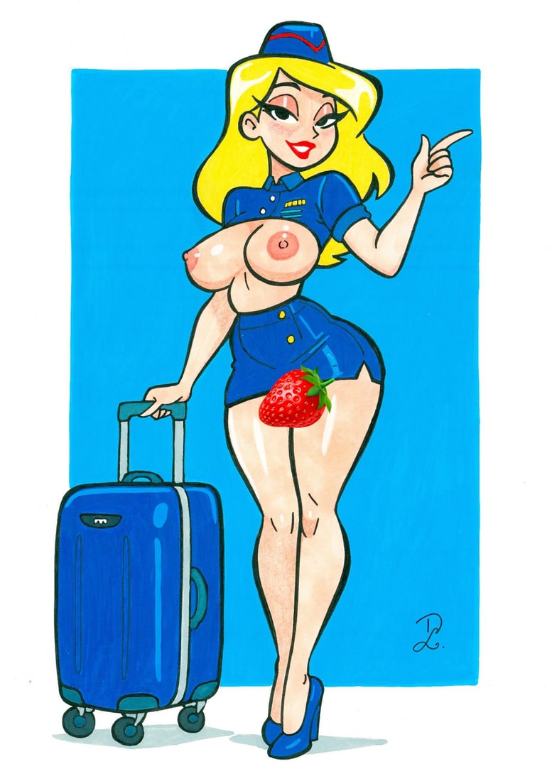 Lyubov Danilevich (Ukraine,b 1994) mixed media painting: ARTIST: Lyubov Danilevich (Ukraine, born 1994) TITLE: Nude Stewardess with Suitcase MEDIUM: mixed media on heavy paper CONDITION: Very good. ART SIZE: 12