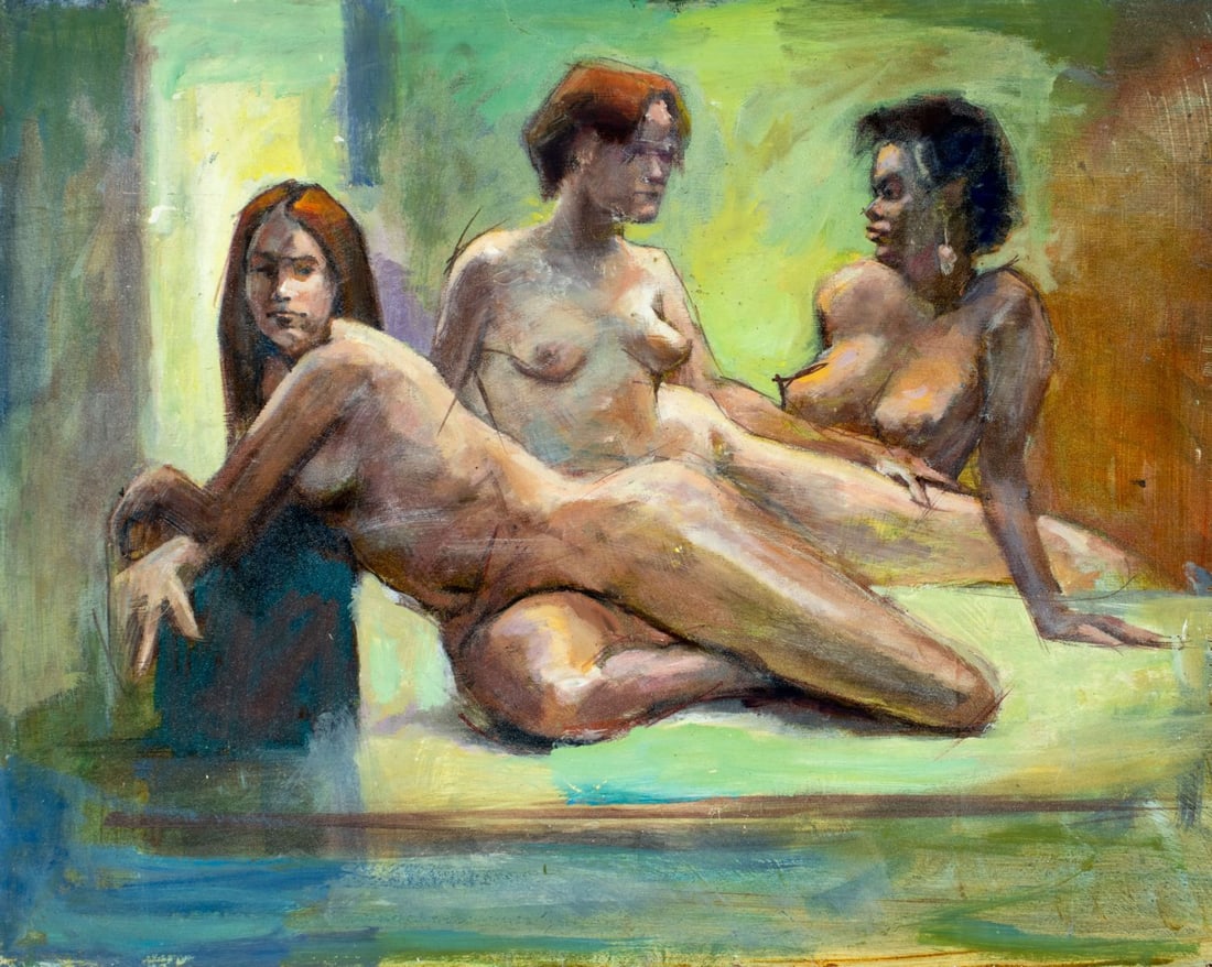 John Reilly (NY,NJ,1942-2021) oil painting: ARTIST: John Reilly (New York, New Jersey, 1942 - 2021) TITLE: Three Nudes MEDIUM: oil on board CONDITION: Some small damages to the lower right corner. Some scratches/pai