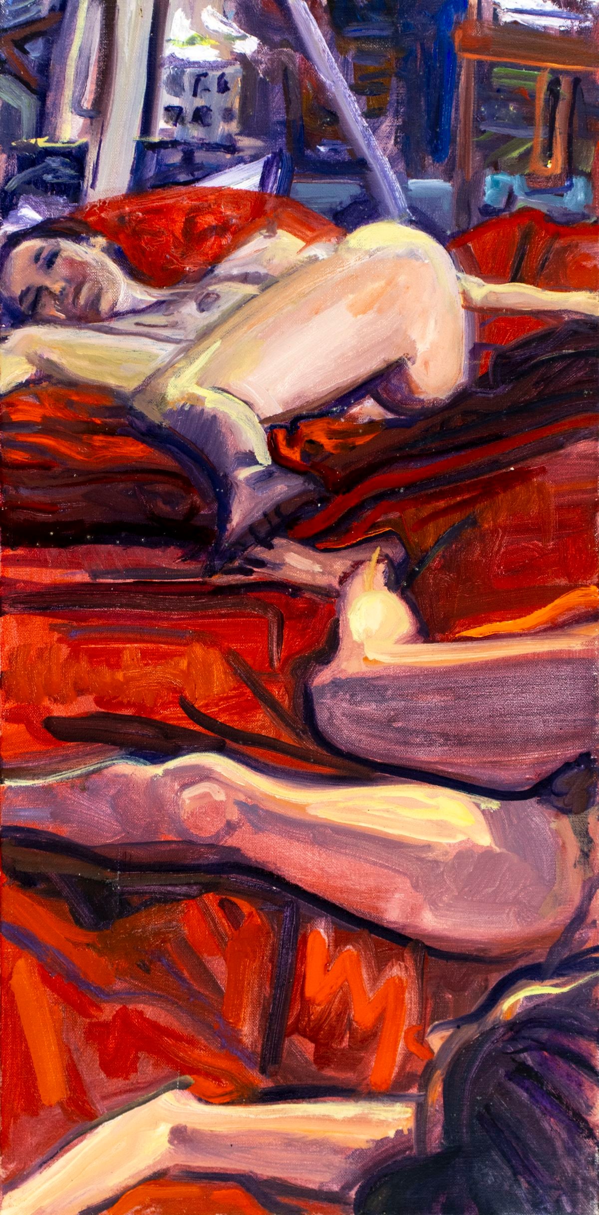 Steven Harvey (NY,b 1953) oil painting: ARTIST: Steven Harvey (New York, born 1953) TITLE: Reclining Nude on Red Bed MEDIUM: oil on canvas CONDITION: Few small scratches/paint losses. Minor craquelure. No visible