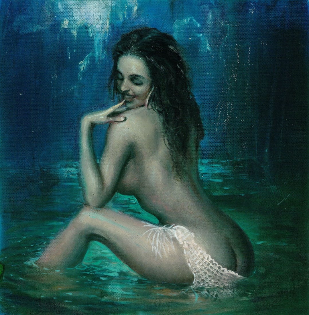 Sergey Dovgan (Ukraine,b 1976) oil painting: ARTIST: Sergey Dovgan (Ukraine, born 1976) TITLE: Nude Woman in Water MEDIUM: oil on heavy paper CONDITION: Some small scratches/paint losses (see pictures carefully). No vi