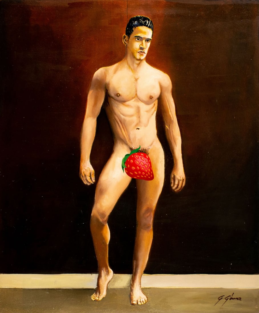 Gustavo Gomez (Colombia,FL,b 1956) oil painting: ARTIST: Gustavo Alonso Gomez (Colombian, Florida, born 1956) TITLE: Male Nude (titled on verso) MEDIUM: oil on canvas CONDITION: Unstretched (In-House stretching available)