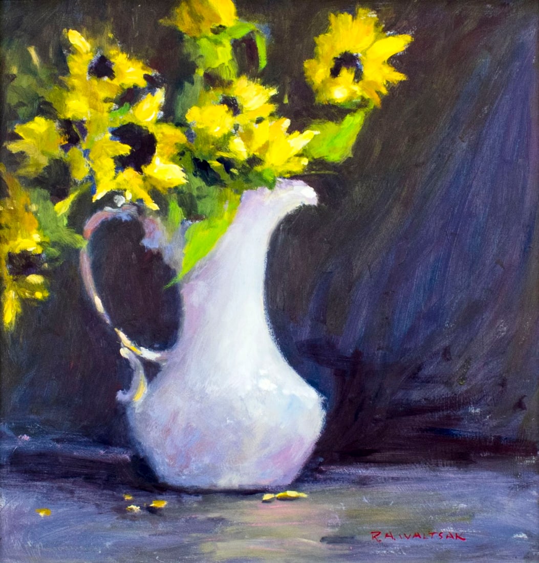 Robert Waltsak (NJ,b 1944) oil painting: ARTIST: Robert Alan Waltsak (New Jersey, born 1944) TITLE: Still Life with Vase of Flowers MEDIUM: oil on board CONDITION: Very good. No visible inpaint under UV light. <