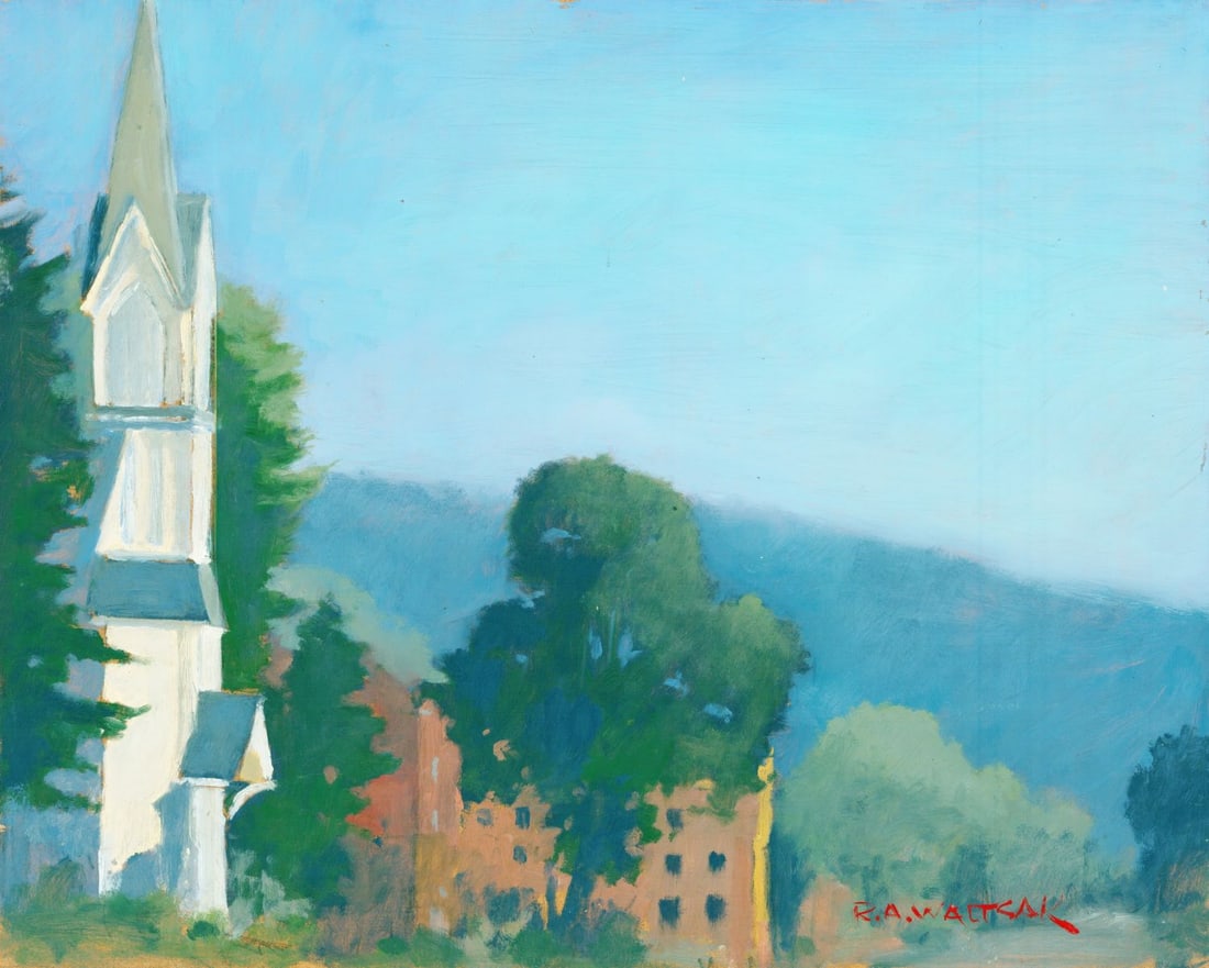 Robert Waltsak (NJ,b 1944) oil painting: ARTIST: Robert Alan Waltsak (New Jersey, born 1944) TITLE: Landscape with Church MEDIUM: oil on board CONDITION: Minor paint losses. No visible inpaint under UV light. Norma