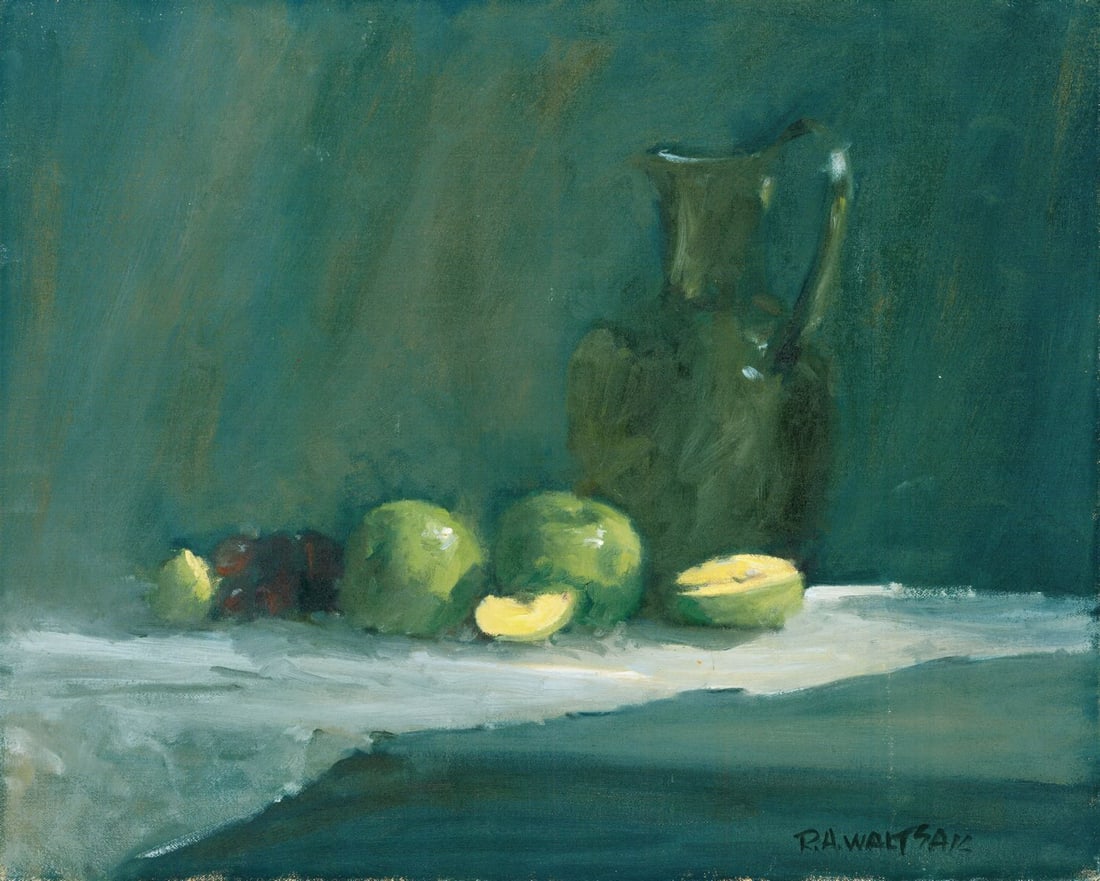 Robert Waltsak (NJ,b 1944) oil painting: ARTIST: Robert Alan Waltsak (New Jersey, born 1944) TITLE: Still Life with Apples and Pitcher MEDIUM: oil on canvas. Canvas applied to board. CONDITION: Few small scratches/