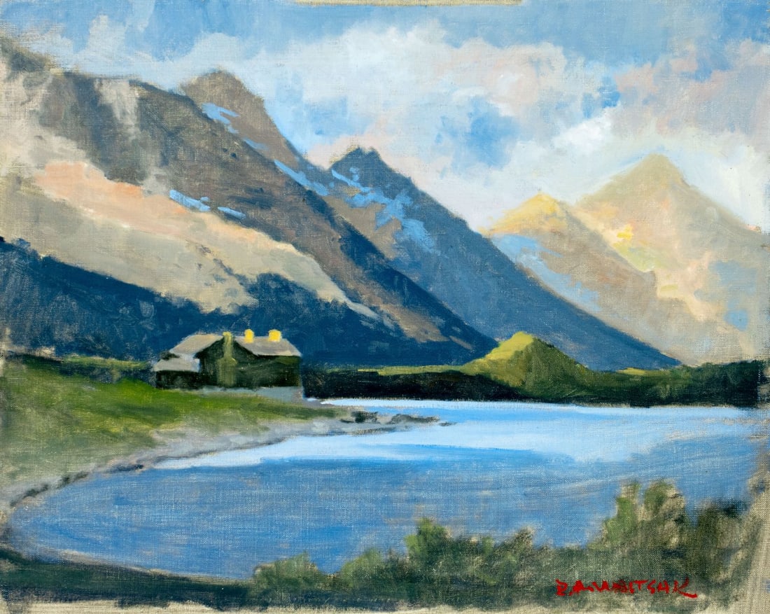 Robert Waltsak (NJ,b 1944) oil painting: ARTIST: Robert Alan Waltsak (New Jersey, born 1944) TITLE: Mountain Lake Landscape with House MEDIUM: oil on canvas CONDITION: Few very minor scratches/paint losses along ed