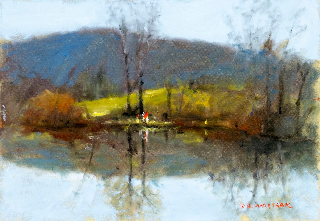 Robert Waltsak (NJ,b 1944) oil painting: ARTIST: Robert Alan Waltsak (New Jersey, born 1944) TITLE: Autumn Lake Landscape MEDIUM: oil on canvas CONDITION: Very good. No visible inpaint under UV light. Normal wear a