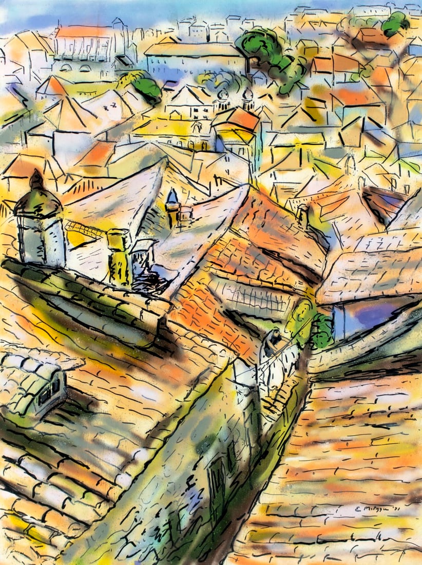 Evelyn Metzger (NY,Brazil,1911-2007) acrylic painting: ARTIST: Evelyn Borchard Metzger (New York, Brazilian, 1911 - 2007) TITLE: Cityscape YEAR: 1971 MEDIUM: acrylic on board CONDITION: Minor damages to edg