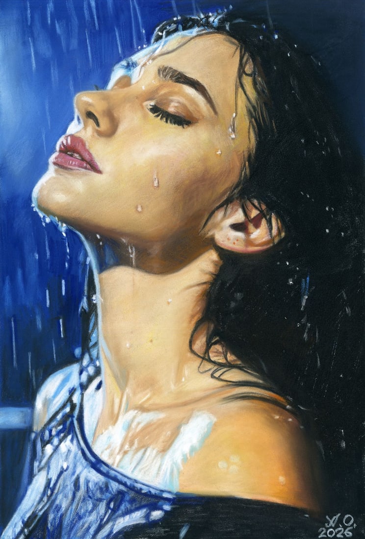 Oleksandr Achkasov (Ukraine,b 1965) pastel painting: ARTIST: Oleksandr Achkasov (Ukraine, born 1965) TITLE: Woman under Rain MEDIUM: pastel on heavy paper CONDITION: Very good. ART SIZE: 12 x 8 inches / 30