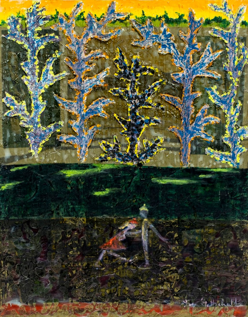 Dan Gottschalk (NY,GA,1919-1979) mixed media painting: ARTIST: Dan Gottschalk (New York, Georgia, 1919 - 1979) TITLE: Forest Landscape with Couple MEDIUM: mixed media on canvas CONDITION: Few small paint losses. No visible inp