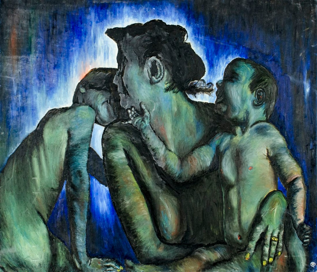 Thomas Smith (PA,mid 20C) oil painting: ARTIST: Thomas Smith (Pennsylvania, mid 20 century) TITLE: Mother with Children MEDIUM: oil on canvas CONDITION: Some scratches/paint losses. One dent by the left edge. No v