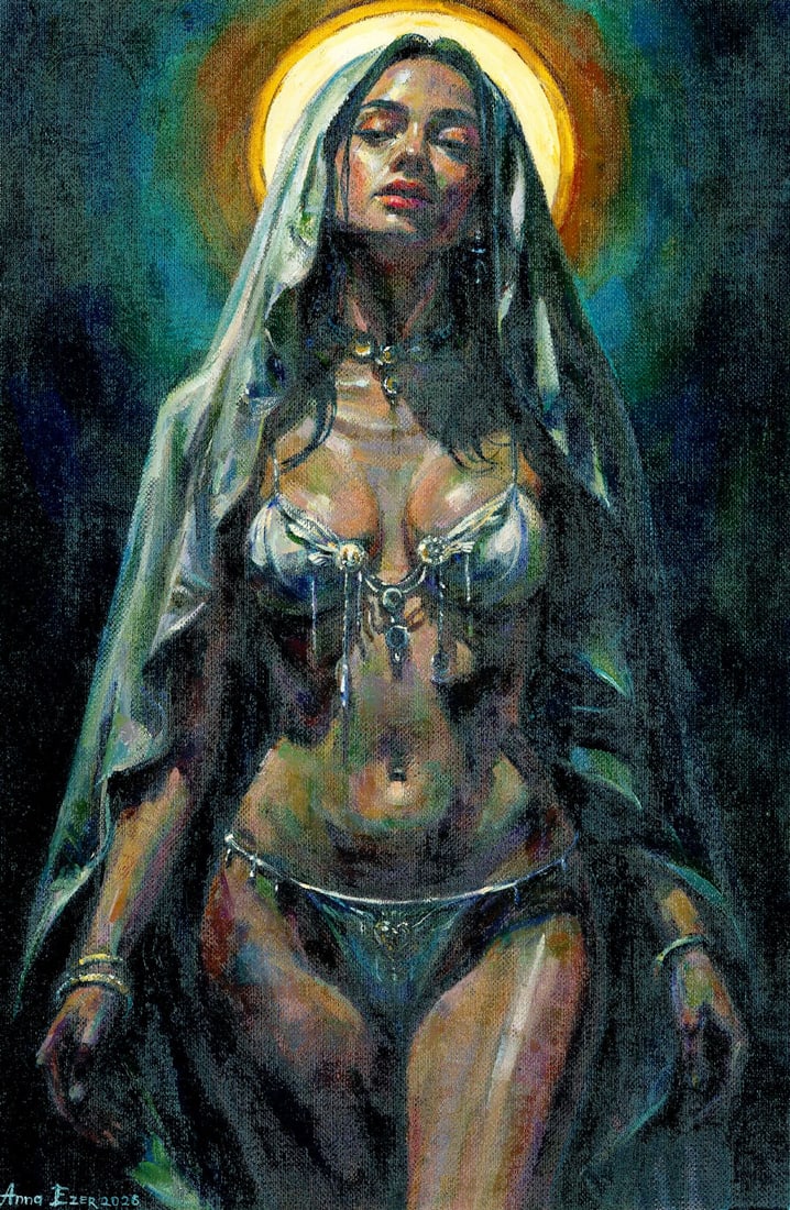 Anna Ezer (Ukraine,20/21C) oil painting: ARTIST: Anna Ezer (Ukraine, 20/21 centuries) TITLE: Neo-Madonna MEDIUM: oil on heavy paper CONDITION: Very good. No visible inpaint under UV light. ART SIZE: