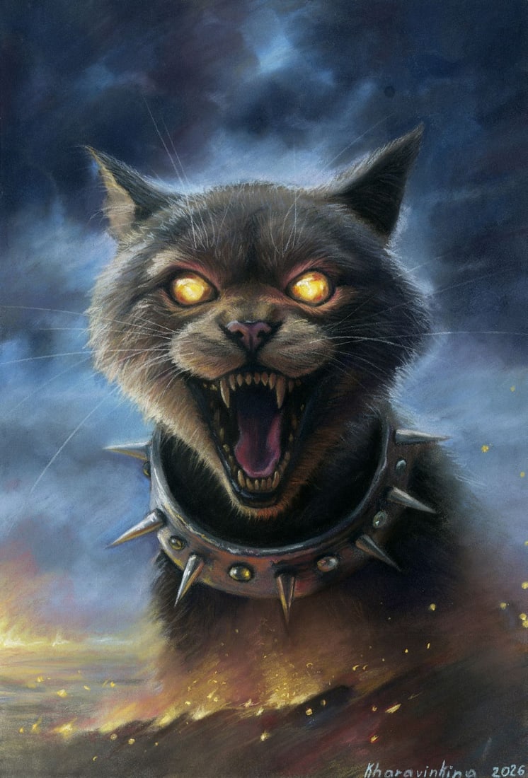 Alia Kharavinkina (Ukraine,20/21C) pastel painting: ARTIST: Alia Kharavinkina (Ukraine, 20/21 centuries) TITLE: Cat with Spiked Collar MEDIUM: pastel on heavy paper CONDITION: Very good. ART SIZE: 9 x 6 in