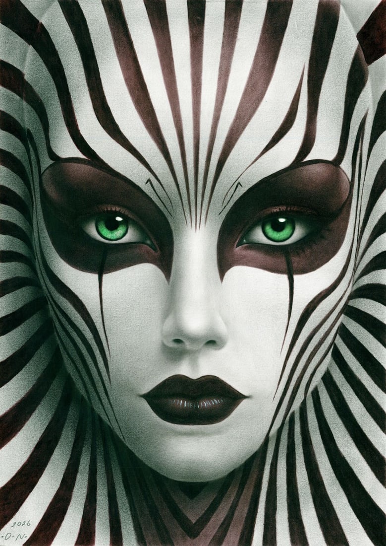 Olga Novostavskaya (Ukraine,b 1967) dry brush oil painting: ARTIST: Olga Novostavskaya (Ukraine, born 1967) TITLE: Portrait of Woman - Maze of the Gaze (titled on verso) MEDIUM: dry brush oil on heavy paper CONDITION: Very good. <