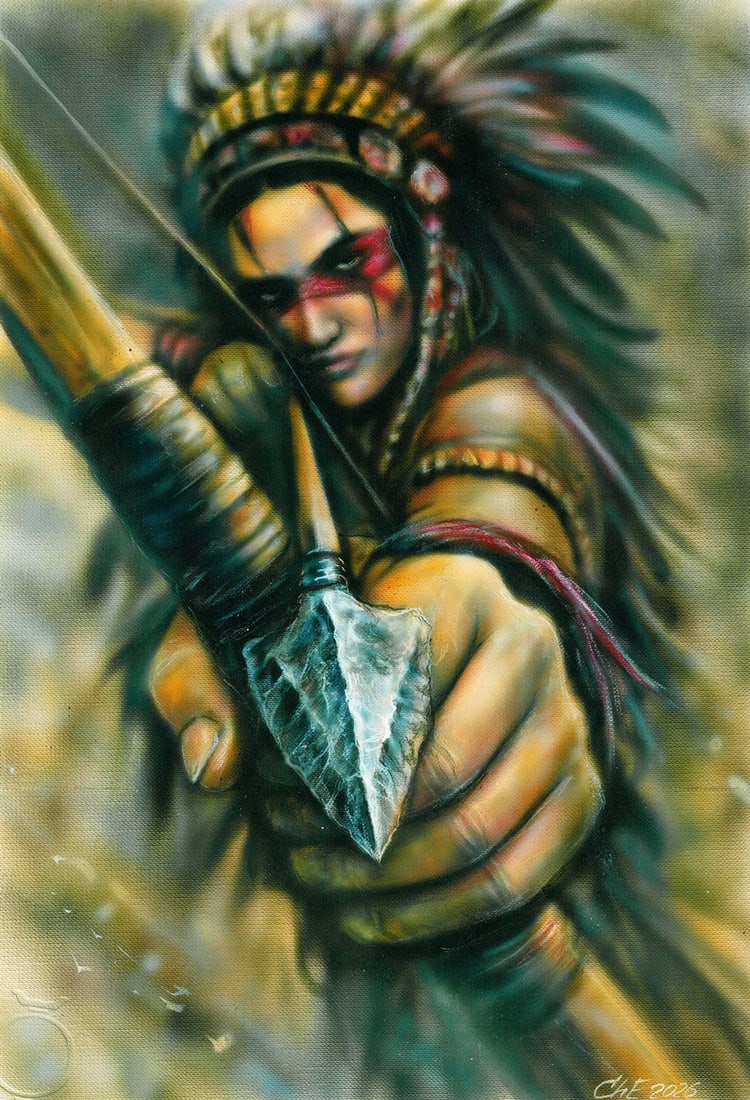 Evgeniy Chunikhin (Ukraine,b 1976) acrylic painting: ARTIST: Evgeniy Chunikhin (Ukraine, born 1976) TITLE: Indian Warrior with Bow MEDIUM: acrylic on heavy paper CONDITION: Very good. No visible inpaint under UV light.