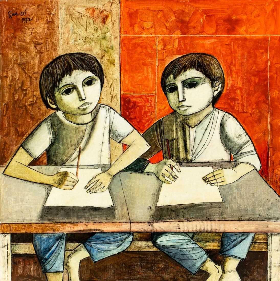 Lucio Ranucci (Italy,1924-2017) oil painting: ARTIST: Lucio Ranucci (Italian, 1924 - 2017) TITLE: School Boys YEAR: 1972 MEDIUM: oil on canvas CONDITION: Minor paint losses along the upper edge. No