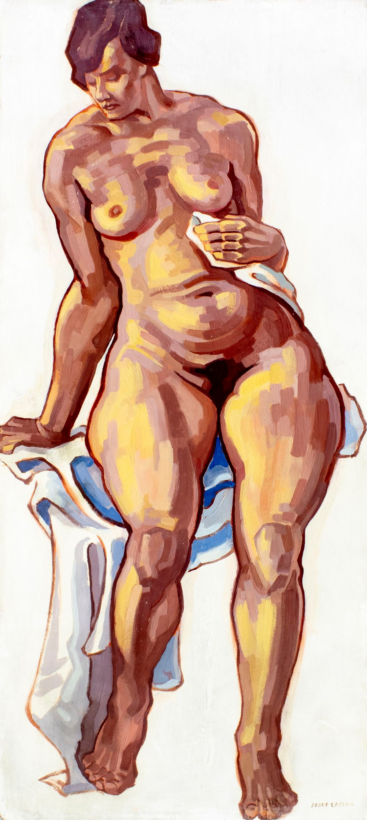 Josef Lacina (Czech,1899-1975) oil painting: ARTIST: Josef Lacina (Czech Republic, 1899 - 1975) TITLE: Nude MEDIUM: oil on board CONDITION: Minor paint losses. Some vertical surface cracks. Some damage to the lower lef