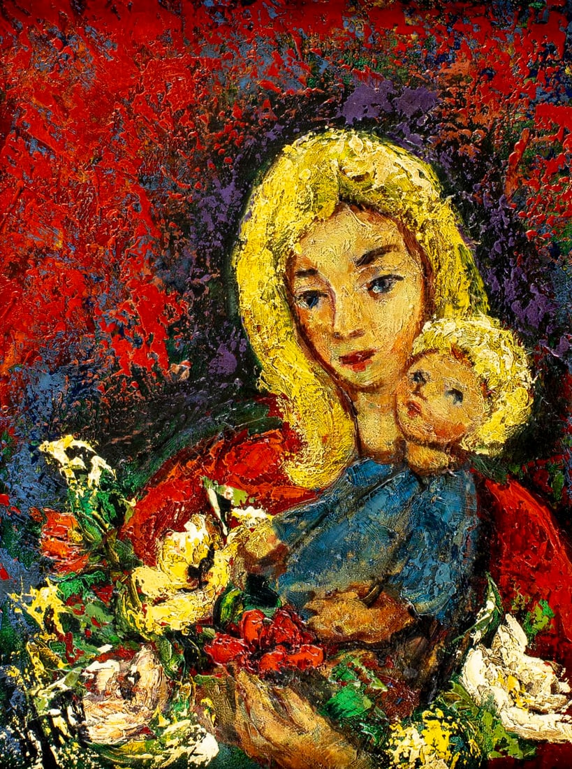 Henry M D'Anty (French,1910-1998) oil painting: ARTIST: Henry Maurice D'Anty (France, 1910 - 1998) TITLE: Mother and Child with Flowers MEDIUM: oil on canvas CONDITION: Overall good. No visible inpaint under UV light. Wea