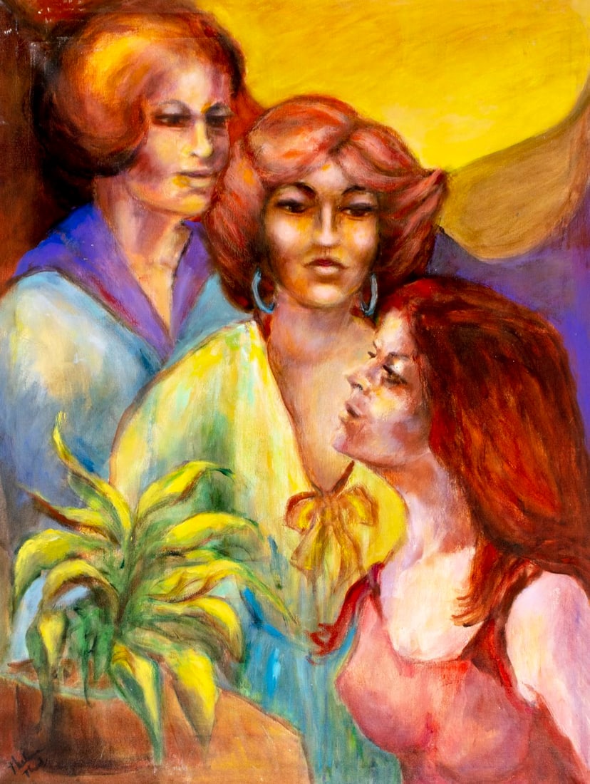 Thelma Thal (NY,1903-2001) oil painting: ARTIST: Thelma Thal (New York, 1903 - 2001) TITLE: Three Women MEDIUM: oil on canvas CONDITION: Some scratches/paint losses. No visible inpaint under UV light. AR