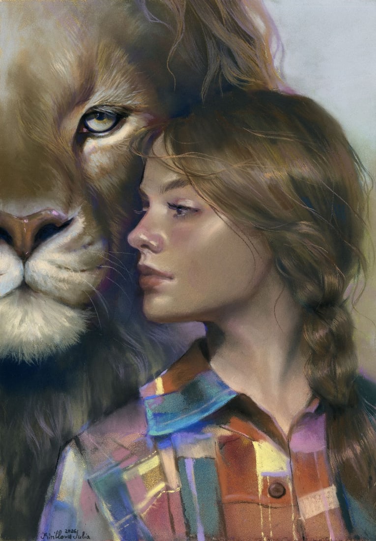 Julia Kirillova (Ukraine,b 1991) pastel painting: ARTIST: Julia Kirillova (Ukraine, born 1991) TITLE: Woman with Lion MEDIUM: pastel on heavy paper CONDITION: Very good. ART SIZE: 12 x 8 inches / 30 x 20