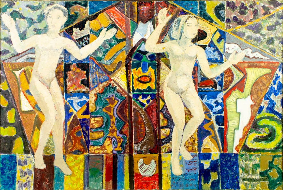 Mortimer Borne (NY,Poland,1902-1987) oil painting: ARTIST: Mortimer Borne (New York, Polish, 1902 - 1987) TITLE: Man and Woman YEAR: 1965 MEDIUM: oil on canvas CONDITION: Some flaking/paint losses (see pi