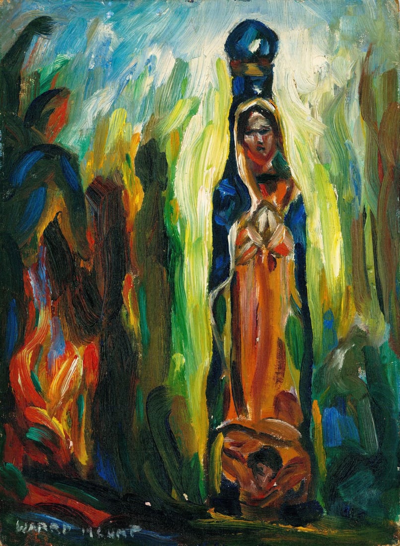 Vintage mid 20C American oil painting signed: ARTIST: - (American, mid 20 century) TITLE: Religiuos Scene MEDIUM: oil on canvas board CONDITION: Some small damages to corners. Few small paint losses. No visible inpaint