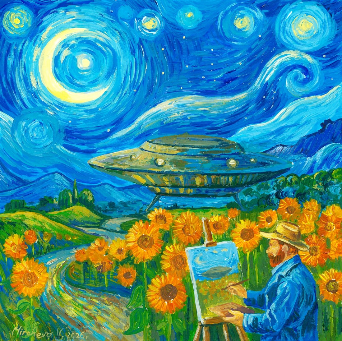 Valeria Mircheva (Ukraine,20/21C) acrylic painting: ARTIST: Valeria Mircheva (Ukraine, 20/21 centuries) TITLE: Surreal Scene with UFO and Sunflowers MEDIUM: acrylic on heavy paper CONDITION: Very good. No visible inpaint unde