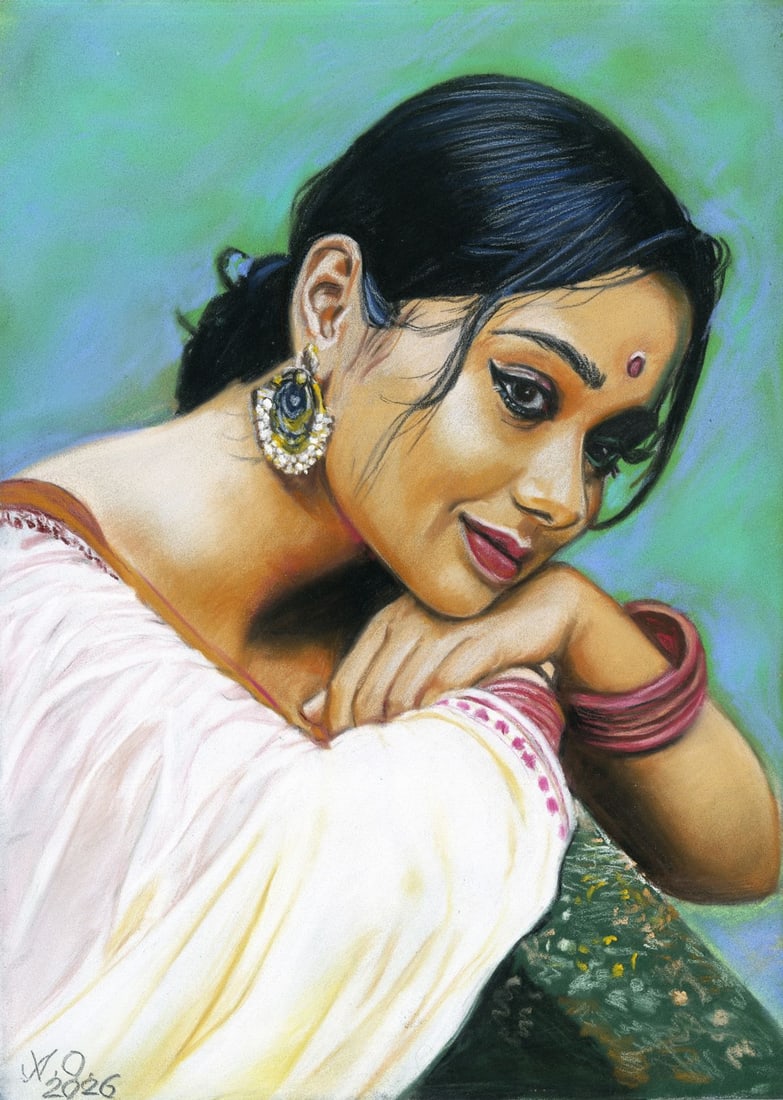 Oleksandr Achkasov (Ukraine,b 1965) pastel painting: ARTIST: Oleksandr Achkasov (Ukraine, born 1965) TITLE: Portrait of Indian Woman MEDIUM: pastel on heavy paper CONDITION: Very good. ART SIZE: 10 x 7 inch