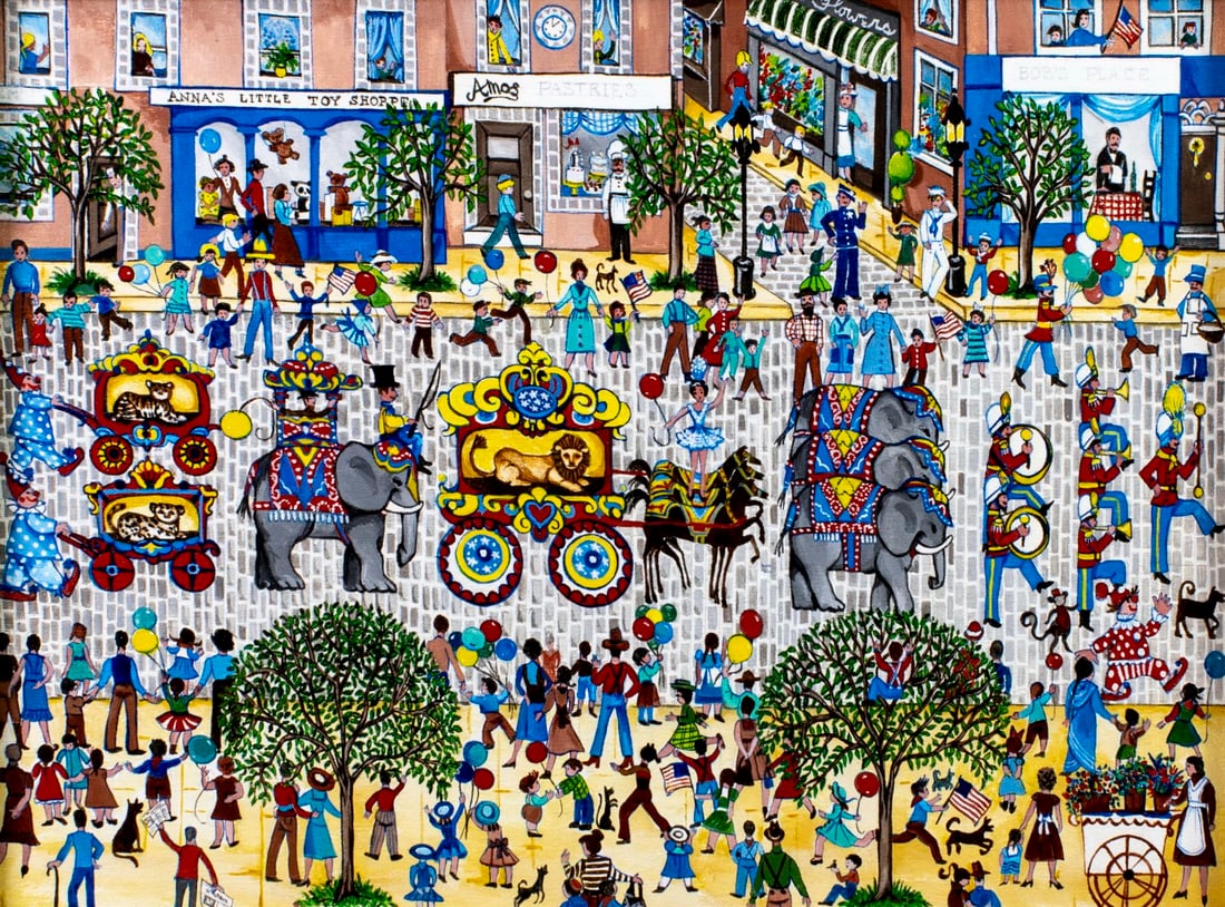 Barbara Downtain (IL,c1935-?) folk oil painting: ARTIST: Barbara Downtain Berkman (Illinois, circa 1935 - ???) TITLE: Here Comes the Circus Parade (titled on verso) YEAR: 1983 MEDIUM: oil on canvas CONDITION:
