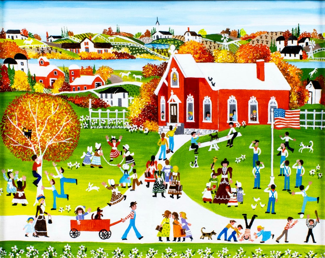 Barbara Downtain (IL,c1935-?) folk oil painting: ARTIST: Barbara Downtain Berkman (Illinois, circa 1935 - ???) TITLE: Going Back to School (titled on verso) YEAR: 1983 MEDIUM: oil on canvas CONDITION: V