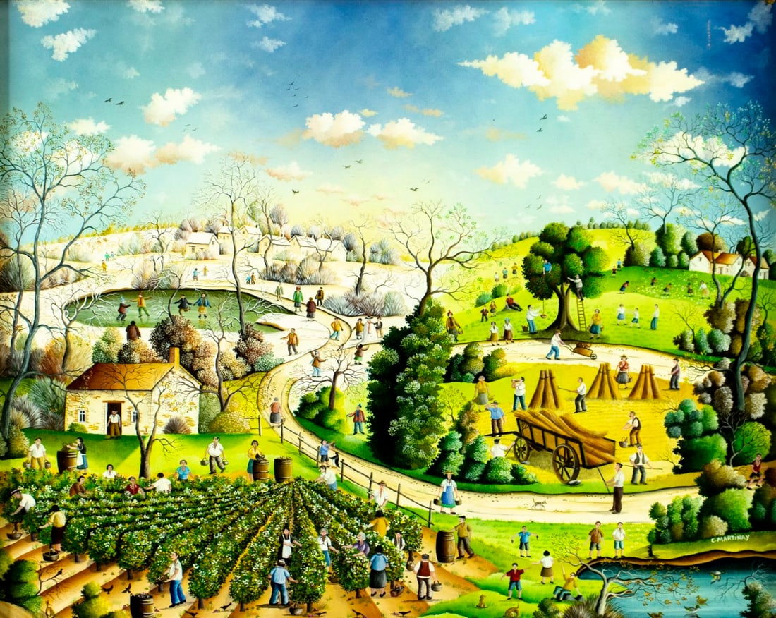 Christian Martinay (France,B 1949) oil painting: ARTIST: Christian Martinay (French, born 1949) TITLE: Les 4 Saisons (titled on stretcher) MEDIUM: oil on canvas CONDITION: Overall good. No visible inpaint under UV light. W
