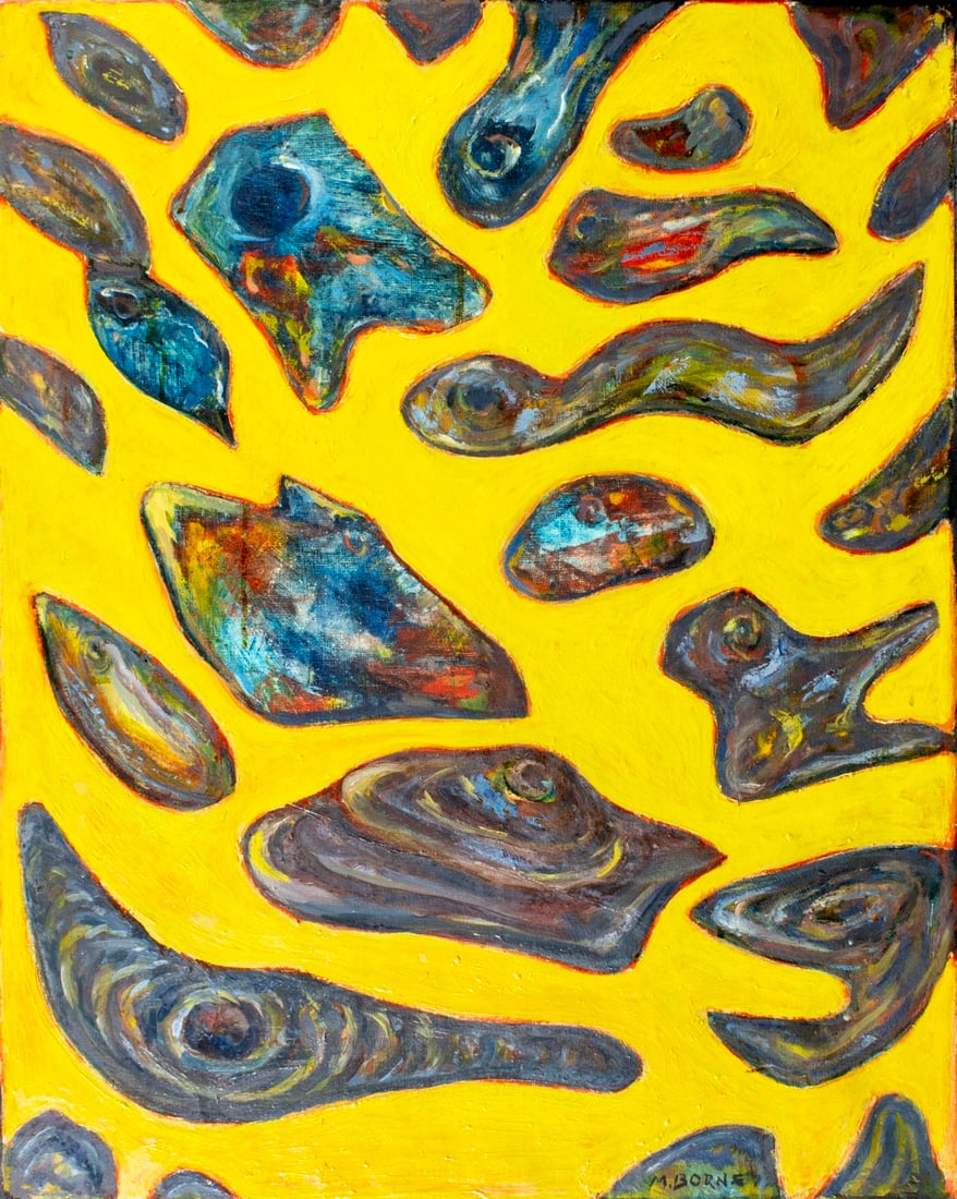 Mortimer Borne (NY,Poland,1902-1987) oil painting: ARTIST: Mortimer Borne (New York, Polish, 1902 - 1987) TITLE: Maginart Blood Cells (titled on stretcher) YEAR: 1970 MEDIUM: oil on canvas CONDITION: Few