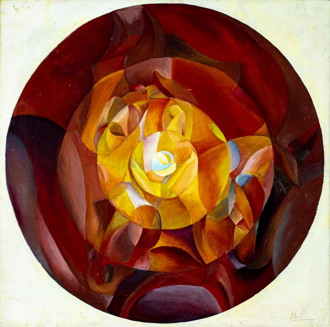 Hansha Patel (India,mid 20C) oil painting: ARTIST: Hansha Patel (Indian, mid 20 century) TITLE: Abstract Composition - Horses MEDIUM: oil on canvas CONDITION: One nail hole by the upper edge. Minor scratches/paint lo