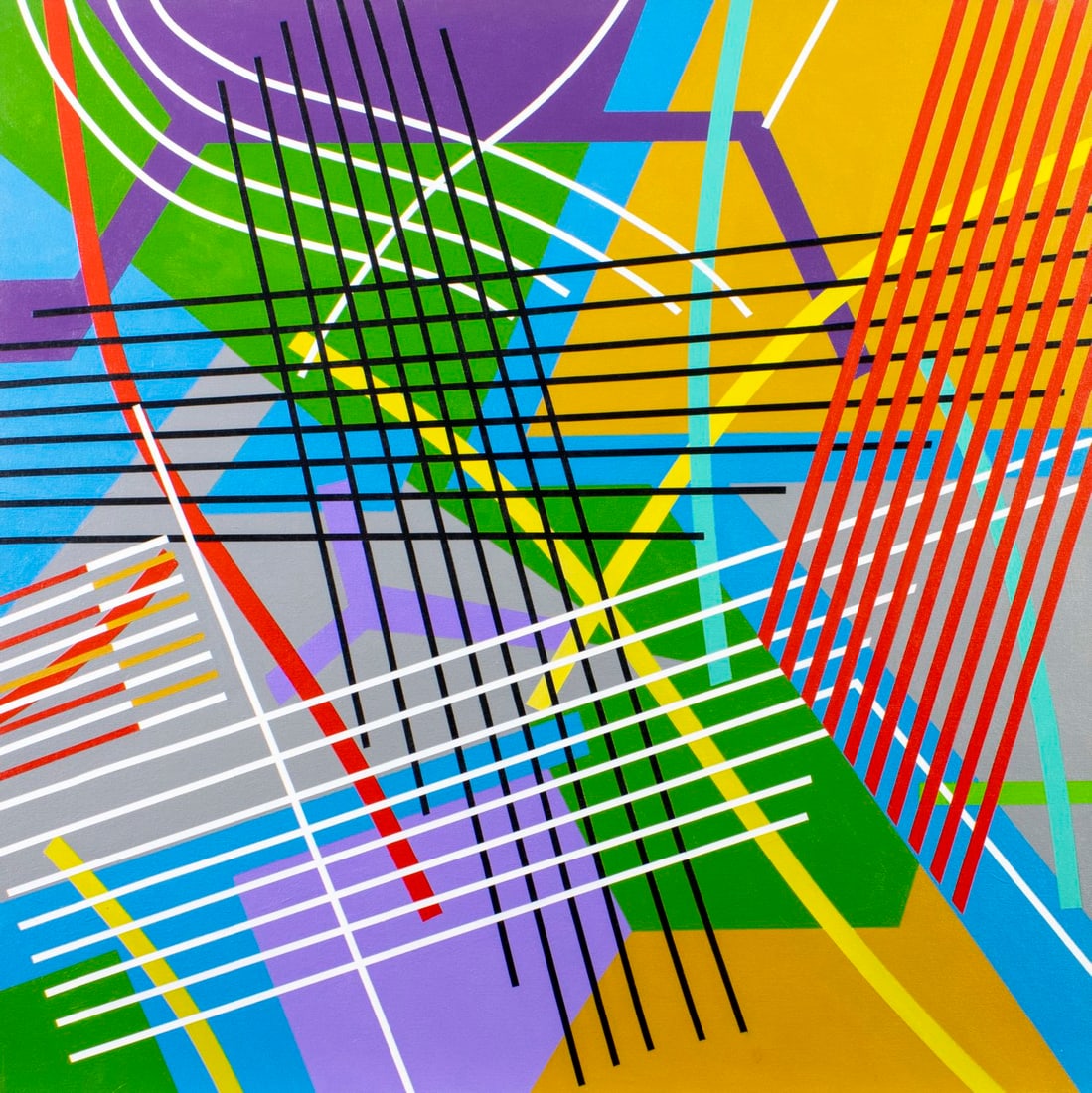 James Massena (OH,1953-2021) acrylic painting: ARTIST: James Massena March (Ohio, 1953 - 2021) TITLE: Geometric Abstract Composition - Drop Zone MEDIUM: acrylic on canvas CONDITION: Few minor scratches/paint losses. No